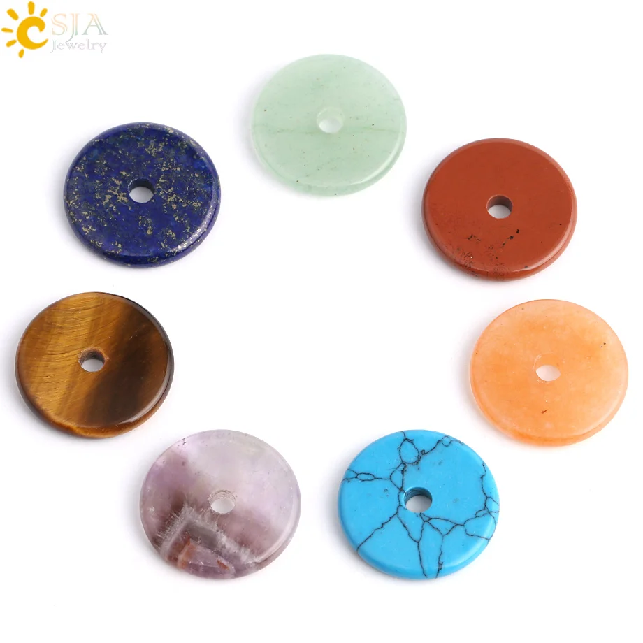 

CSJA 18x18mm 7 Chakra Natural Stone Round Flat Spacer Beads for DIY Bracelet Pendant Pendulum Jewelry Accessories 7pcs/pack G062