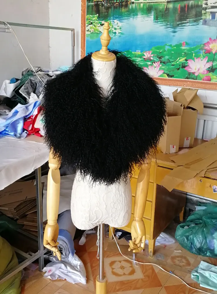 Настоящий монгольский мех ягненка шарф для женщин пуховая куртка пляжные овец шерстяной воротник черные вьющиеся монгольских овец шарфы