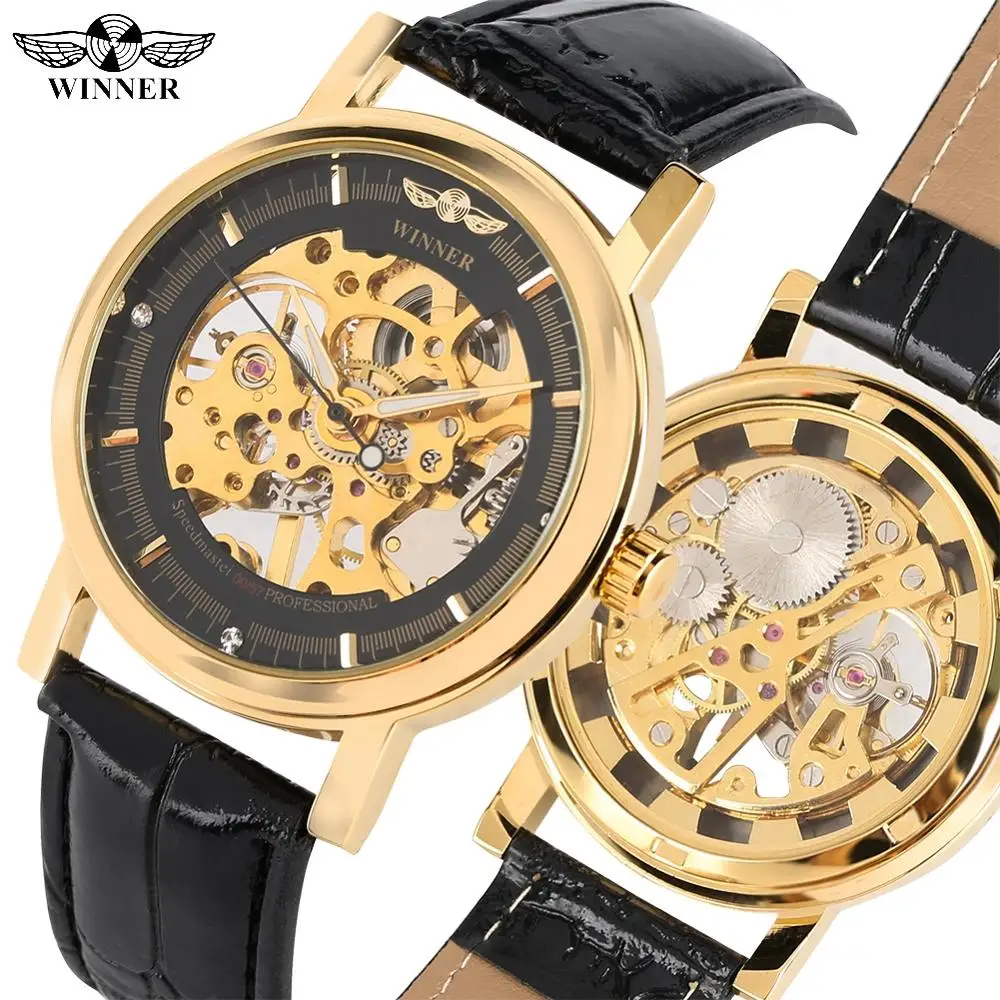 WINNER Fashion Mechanical Watch for Men Golden Skeleton Hand-winding Mechanical Watch for Women Black Leather Band Watches Gift