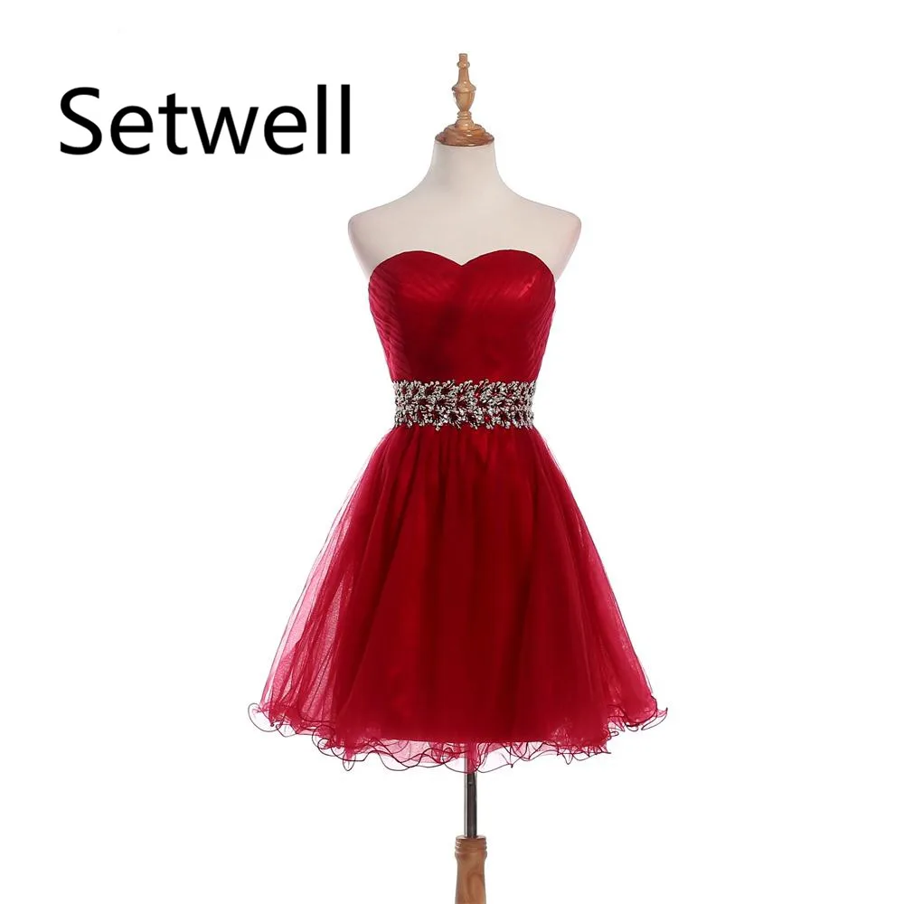 

Setwell 2017 Homecoming Dresses Strapless Beaded Sequined Ball Gown With Crystal Short Organza Summer Prom Dress Customed