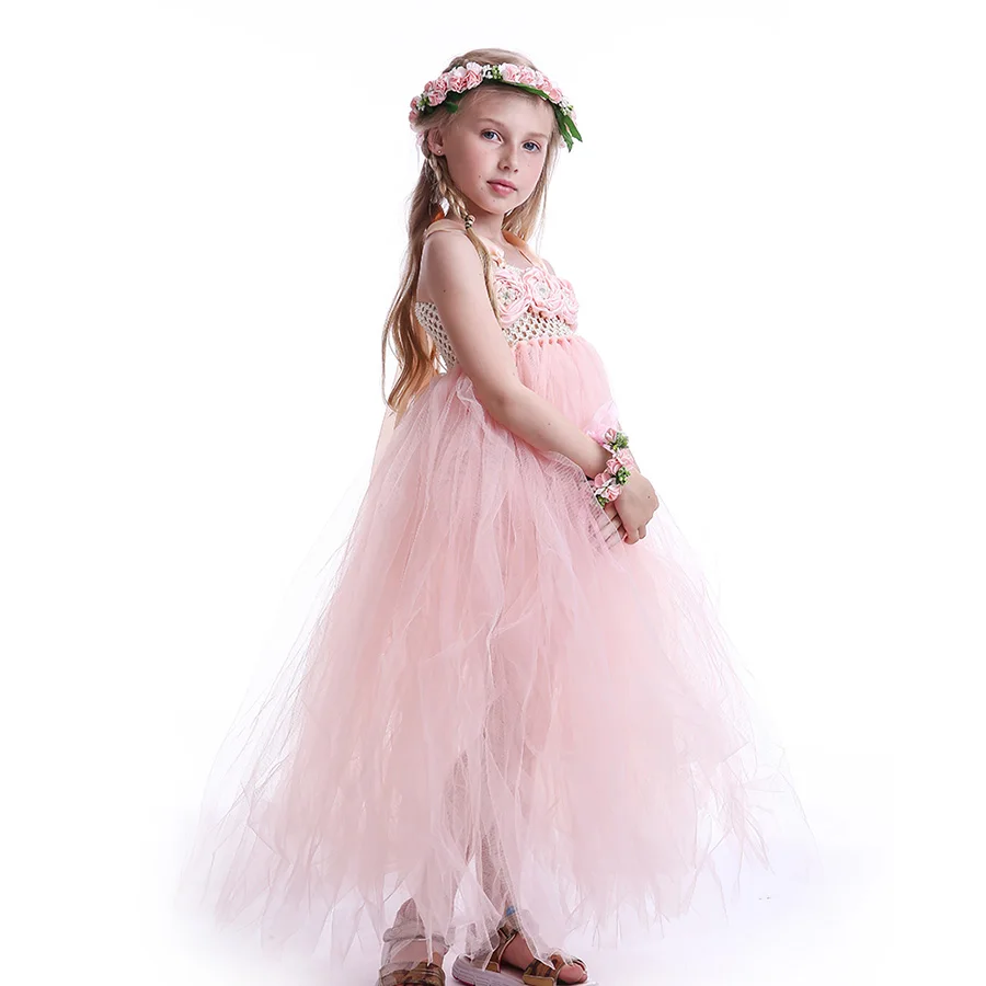 Girls Princess Peach Flowers Tutu Dress Children Summer Fancy Ankle Length (8)