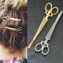 AiNian Hair Pin Gold Scissors Shears Clip For Hair Tiara Barrettes Headdress Vintage Simple Head Jewelry Valentine’s Day Gift