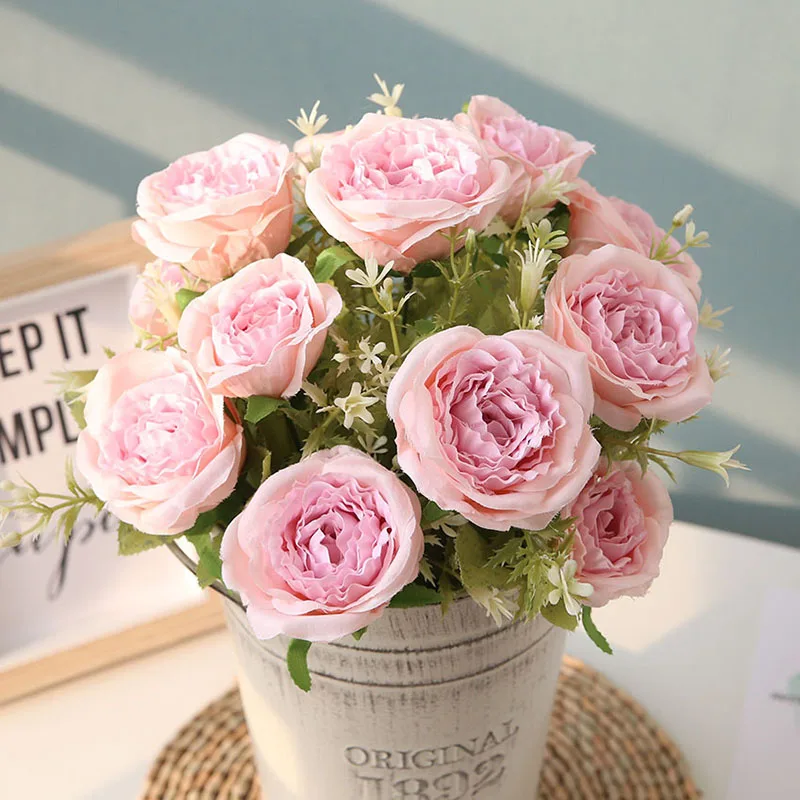 Flone High Quality Silk 12 Head Rose Bouquet Fake Flowers Artificial Flowers Tea Rose Wedding Living Room Decoration Accessories (10)