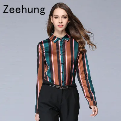 Europe Womens Fashion Tops Autumn Chiffon Blouse Plus Size Long-sleeved Printed Simple Striped Blouses Casual Shirt |