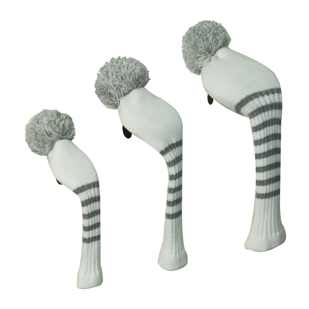 

White Color Grey Stripes Knit Golf Head Cover, for Driver wood, Fairway and Hybrid, Durable and Washable