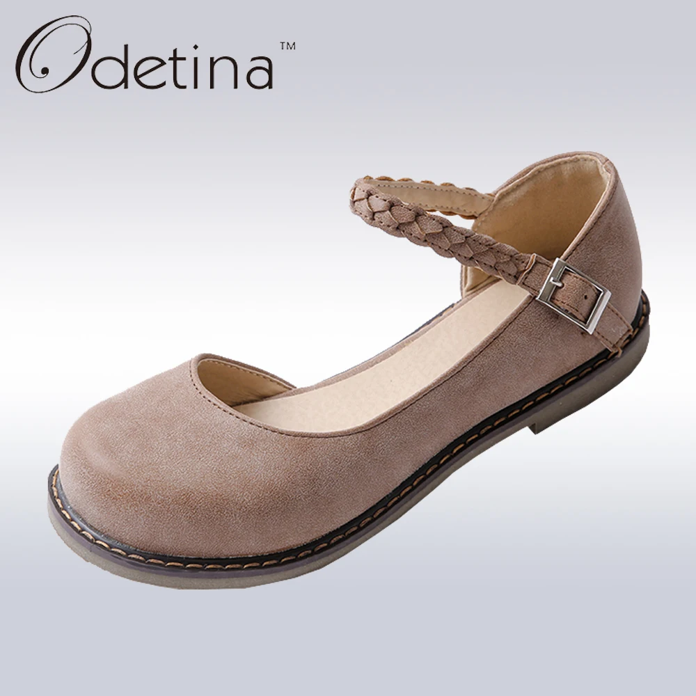 Odetina 2018 New Spring Fashion Mary Janes Womens Round Toe Buckle Strap Vintage Flat Shoes Round Toe Handmade Comfortable Flats