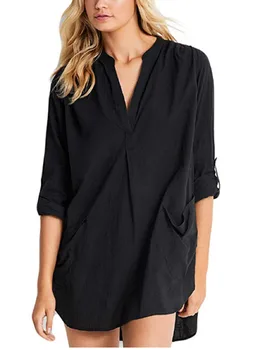 

Spring and Summer New Two-pocket Loose Blouse Upper Garment Solid Color Outer Shirts Woman