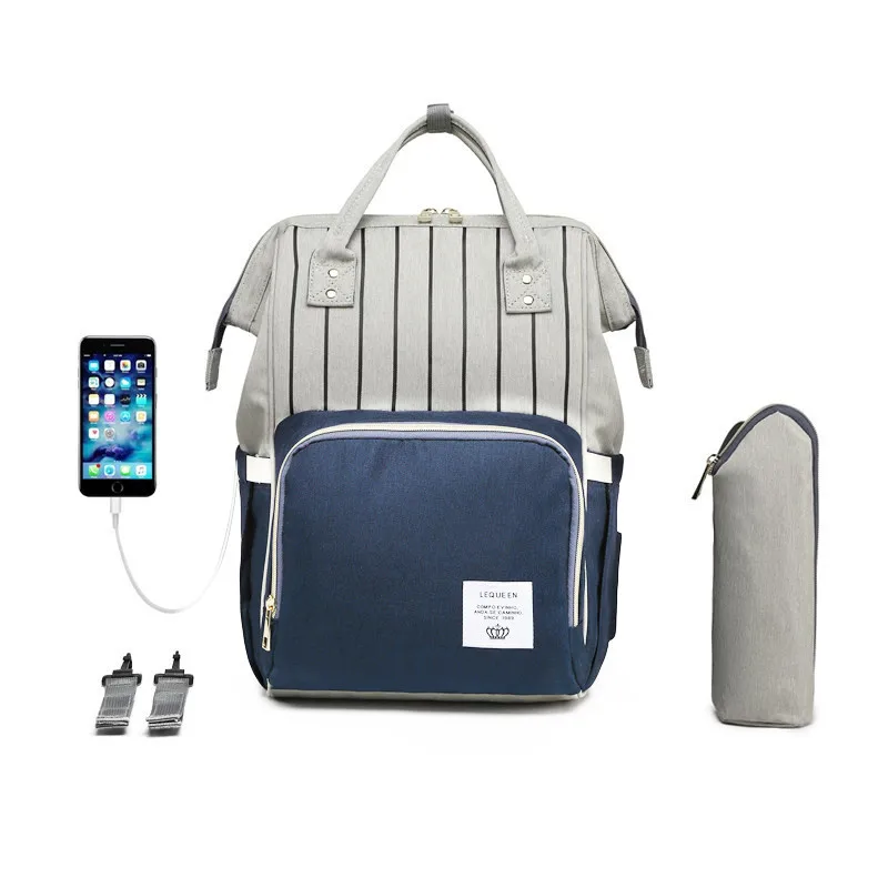 Сумка для подгузников USB Mommy полосатая сумка для подгузников для беременных большая детская сумка рюкзаки Bolsa Maternidade дизайнерская сумка для кормления для мамы и ребенка - Цвет: Blue-Stripe