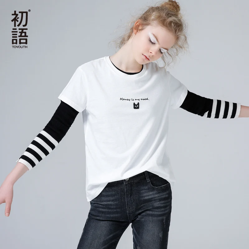 Toyouth Embroidery Cat Summer T-Shirts For Women Letter Short Sleeve Female Basic T Shirt All-Match Black White Tee Femme | Женская