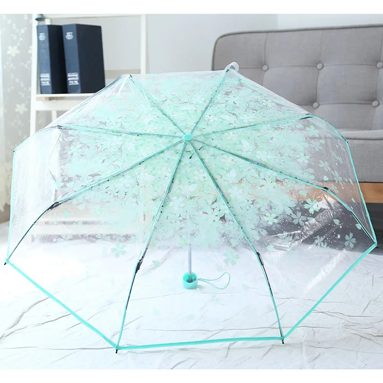 Japan High quality Creative cherry blossom transparent umbrella Women supper light triple folding rainy umbrella