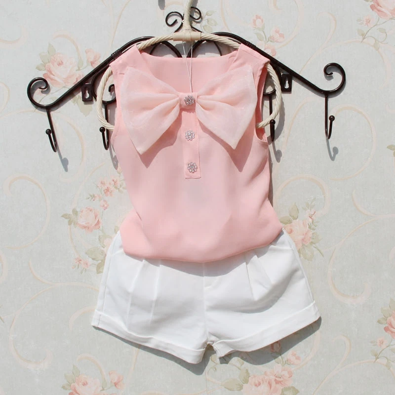

2019 New Summer Baby Girls Clothes Children Clothing Girl Vest Cute Bow Chiffon T shirt Kids Clothes 4 Colors Age 1-16Y