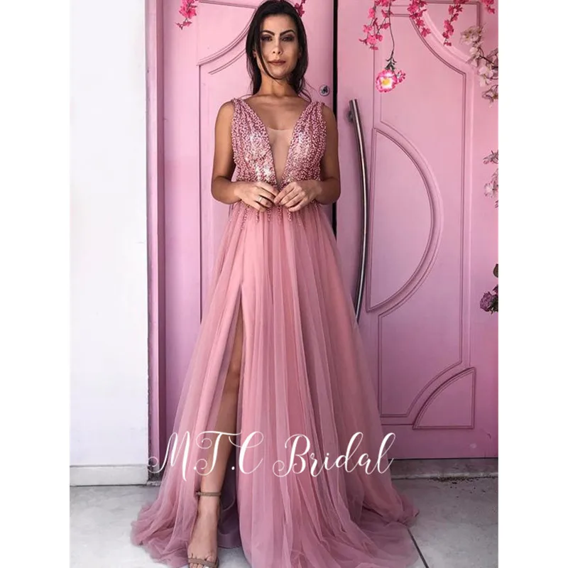 

Newest Dusty Pink Evening Dresses Side Slit Beading V Neck A Line Tulle Long Formal Dress 2019 Custom Made Women Occasion Gowns