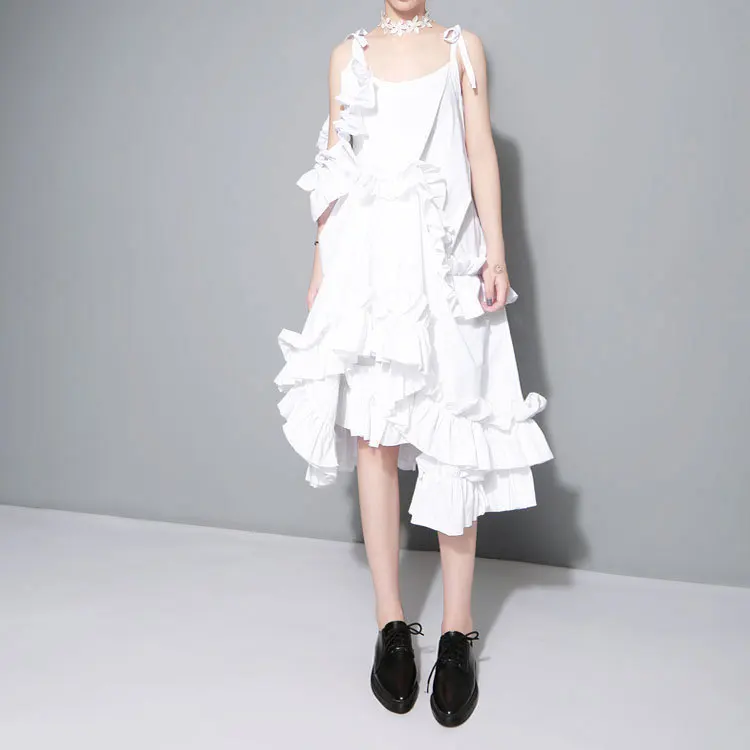 [EAM] Новинка года осень нерегулярные Многослойные оборки одноцветное Цвет свободные Модное пикантное платье Для женщин Мода прилив J211 - Цвет: white