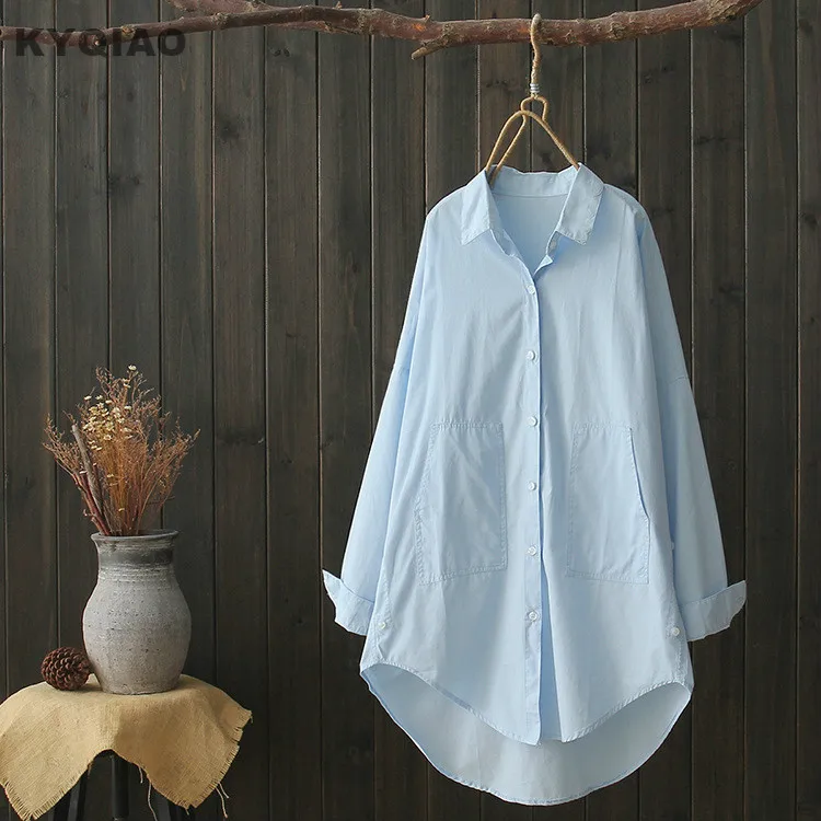 

KYQIAO blusas mujer de moda 2019 pregnant woman autumn Japanese style long sleeve blue white blouse shirt for expectant mother