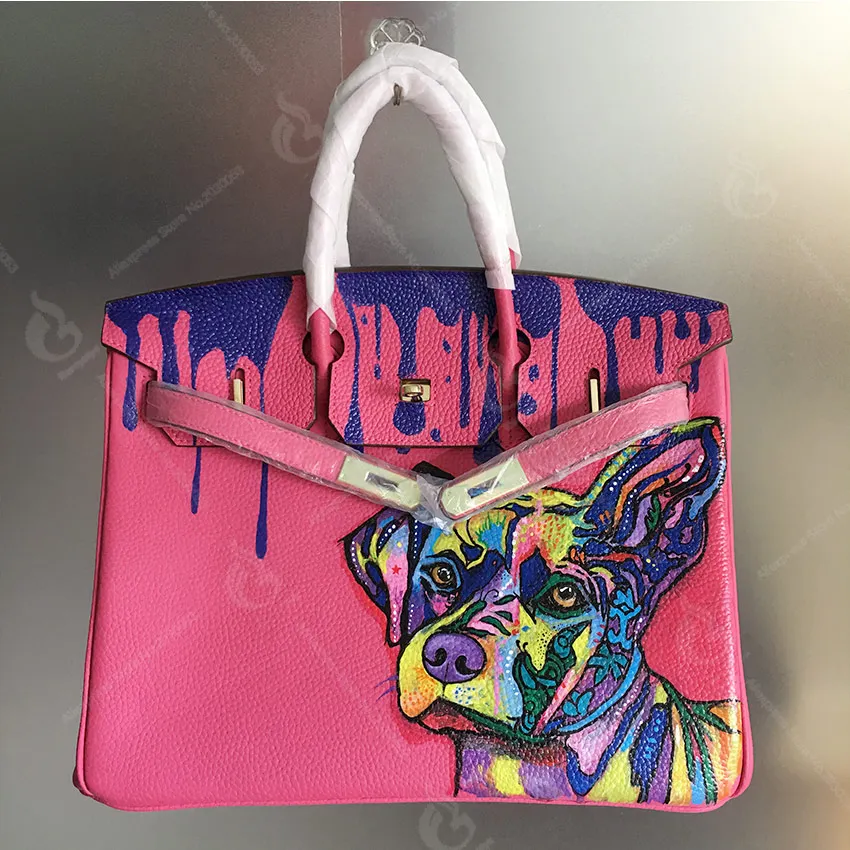 

2018 New Arrival Art Oil Hand Painting Graffiti Colorfull Dog Totes Women Ladies Bags Designer Genuine Leather Bags For Women