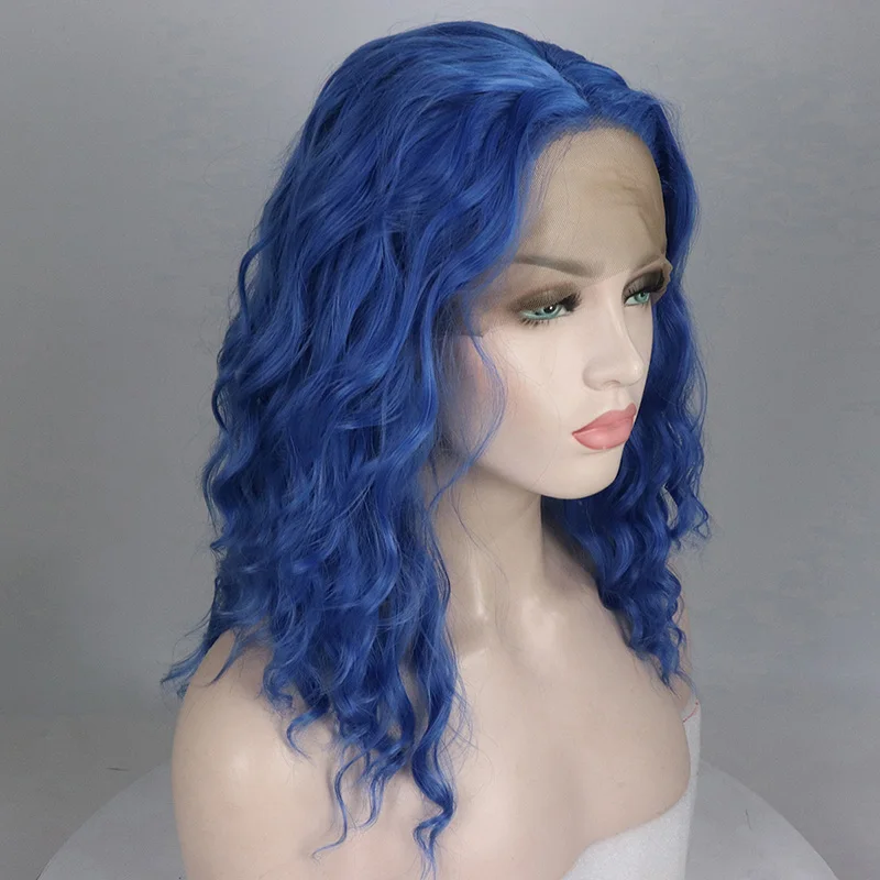 Bombshell синий натуральный волнистый короткий Боб ручная вязка синтетический парик фронта шнурка бесклеевой термостойкие волокна волос для женщин парики