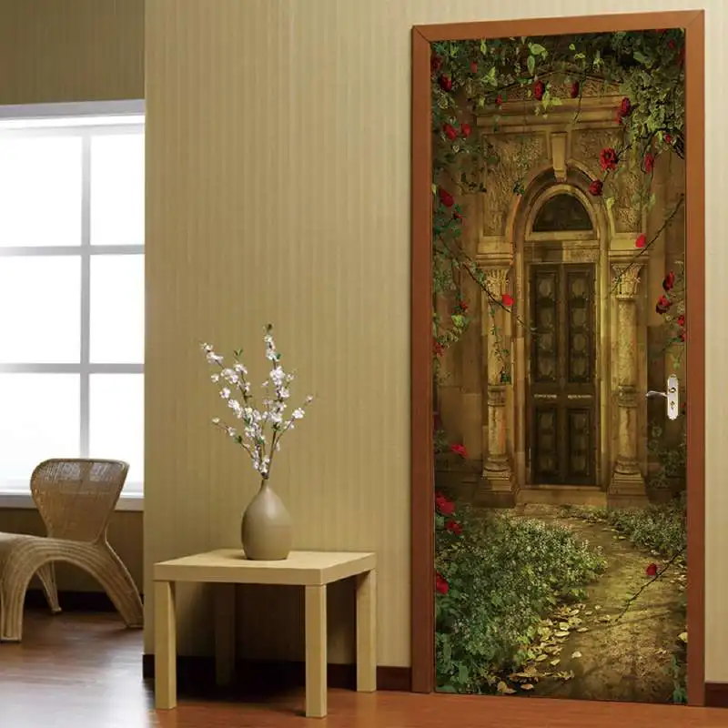 Сердце зеленый деревья завод 3D двери Стикеры DIY Фреска имитация Водонепроницаемый ПВХ обои Стикеры s Спальня Home Decor - Цвет: nc021 rose door