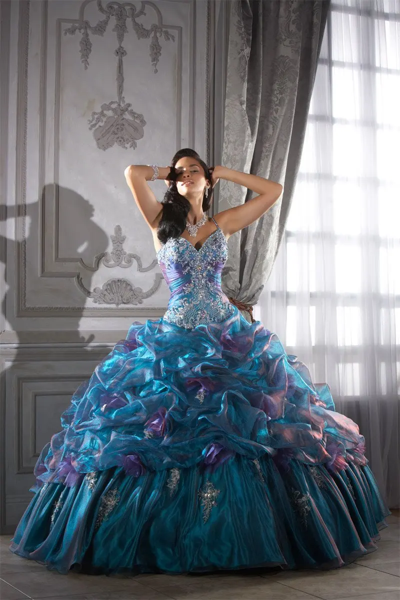 Download Novel Style Ball Gown Beaded Organza blue pageant gowns Tulle Spaghetti strap Quinceanera Dress ...