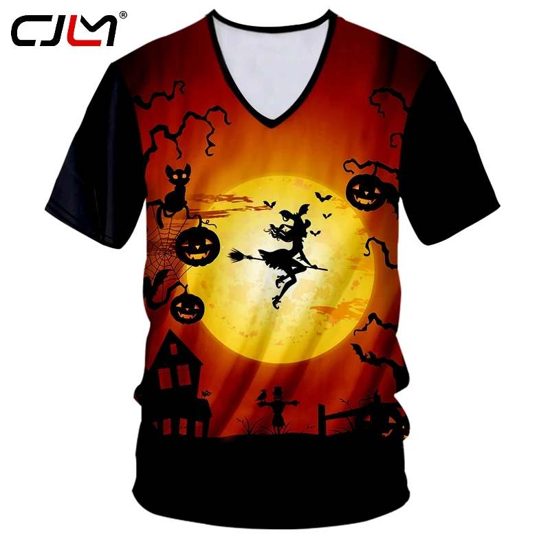 

CJLM Large Size Leisure Men's V Neck Tshirt 3D Pumpkin And Broom Witch Printed Halloween Clothing Suppliers Man Brand T-shirt