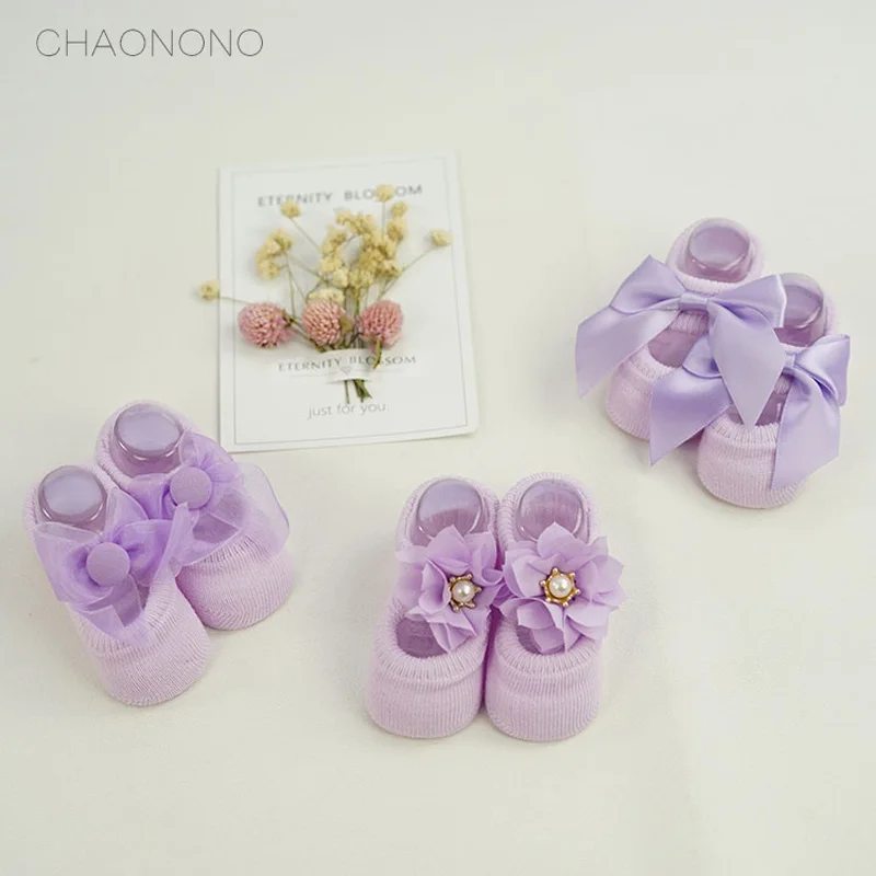 [Chaonono] 3 шт./партия, носки для малышей хлопковые кружевные носки с цветами для малышей Нескользящие короткие носки для новорожденных девочек, для детей - Цвет: Style 2