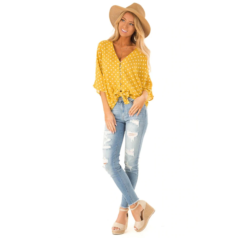 

Blouse Women V-Neck Yellow Dot Print Half Sleeve Baggy Casual Loose Top Plus Size Chiffon Shirt blusas mujer de moda 2019 D30