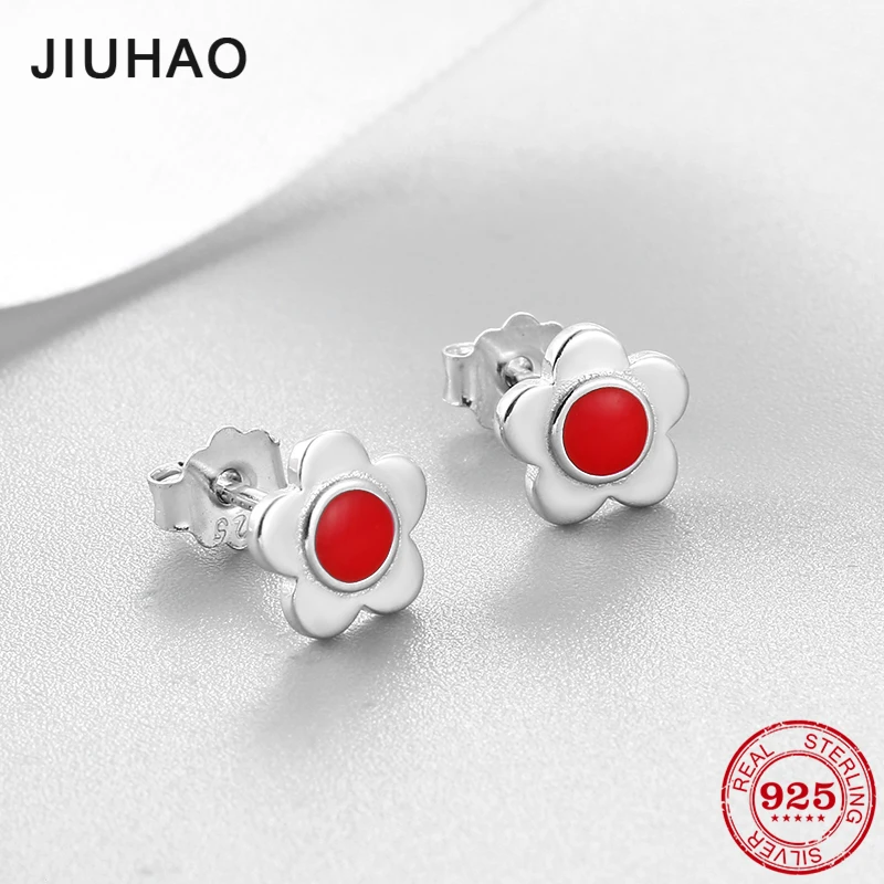 

New 100% Authentic 925 Sterling Silver red enamel for women gift fashion fine Stud Earrings luxury Party Jewelry