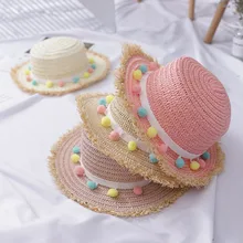 Летняя соломенная шляпа для девочек с широкими полями кисточки-Помпоны флоппи Панама для пляжа B2Cshop