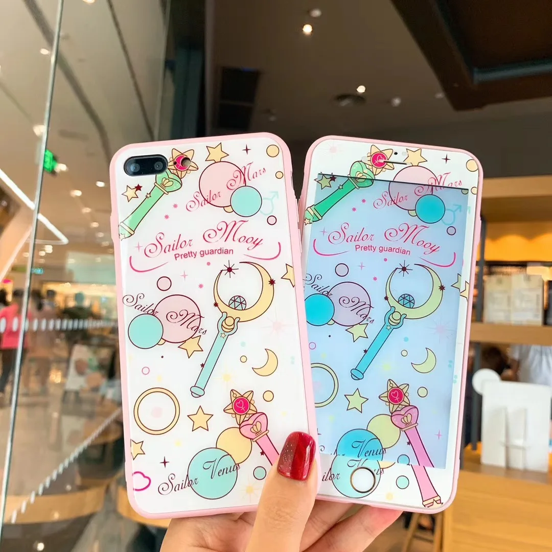 

Cardcaptor Sakura Sailor Moon Cartoon Glass Hard Phone Case+Tempered Glass Screen Protector For iphone 6 6S 7 8 Plus XR X XS Max