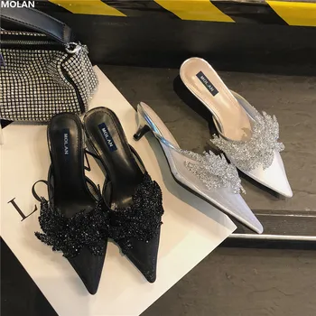 

MOLAN Brand Designers 2019 Luxury Bling Crystal Kitten Heels Lady Pumps Elegant Air Mesh Pointed Shoes Slip On Loafers Mules