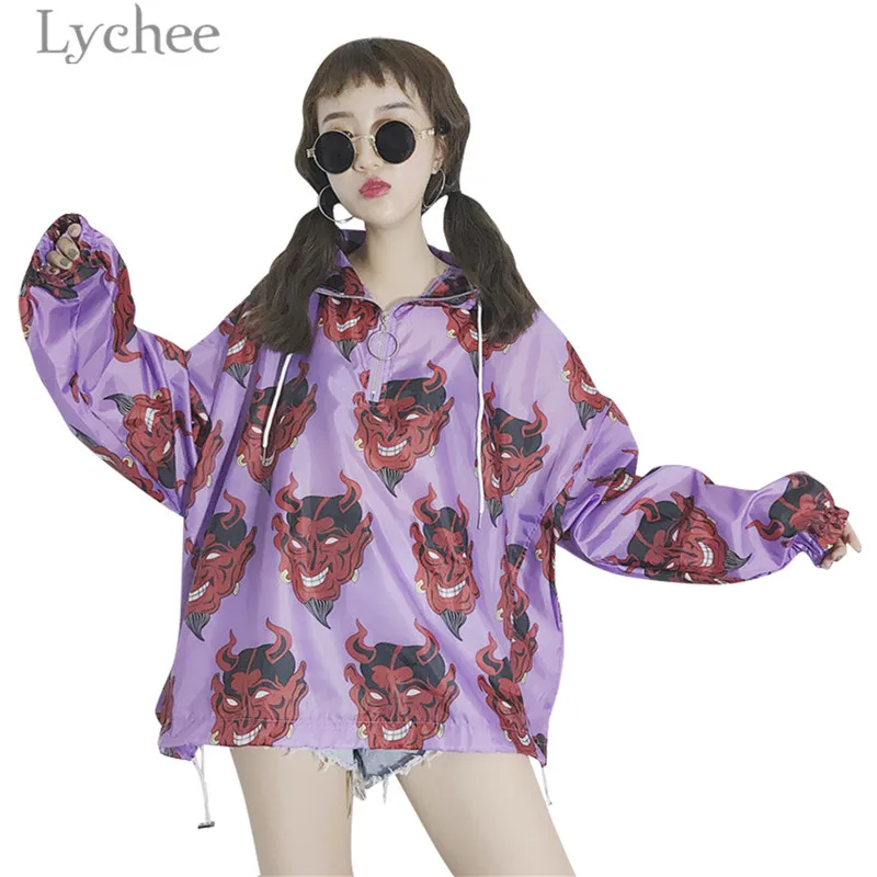 Lychee Харадзюку с принтом демона Летняя женская блузка панк готика Повседневная Свободная рубашка с коротким рукавом топы женские - Цвет: Pullover Purple