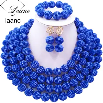 

Laanc Nigerian Wedding African Beads Jewelry Set Royal Blue Simulated Pearl Beaded Necklace 4RDSZ002