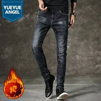 

New Korean Style Fashion Casual Men Jeans Pants High Quality Full Length Denim Jean Slim Warm Fleece Trousers Male Clothes