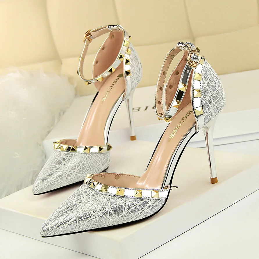 

ladies sandals high heels sandals for girl women shoes thin heel hollowed-out rivet summer 2019 stripper heels Party Ankle Strap