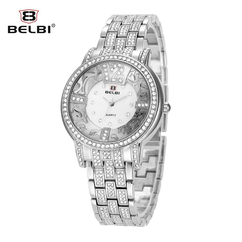 BELBI Watch Luxury Brand Silver Women Quartz Watch Fashion Gold Steel Watch Full Crystal Dress Wristwatch