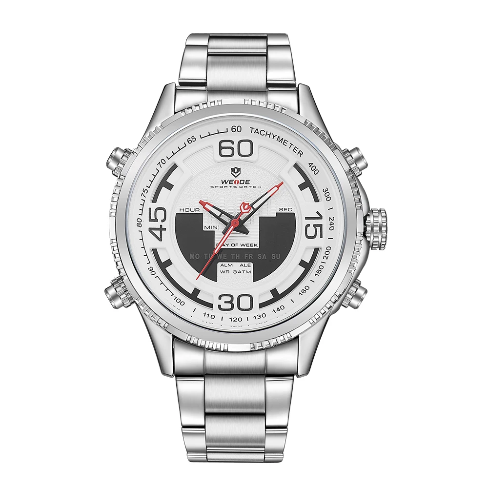 

WEIDE Military Mens Sports Digital Analog Digital Display Back Light Date Week Quartz Stopwatch Stainless Steel Band Wristwatch