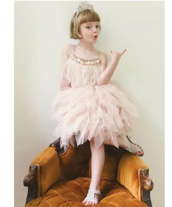 

Girl Rhinestone Feather Princess Dress For Party Wedding Show Compere Children Clothing Gray Green Pink JA001