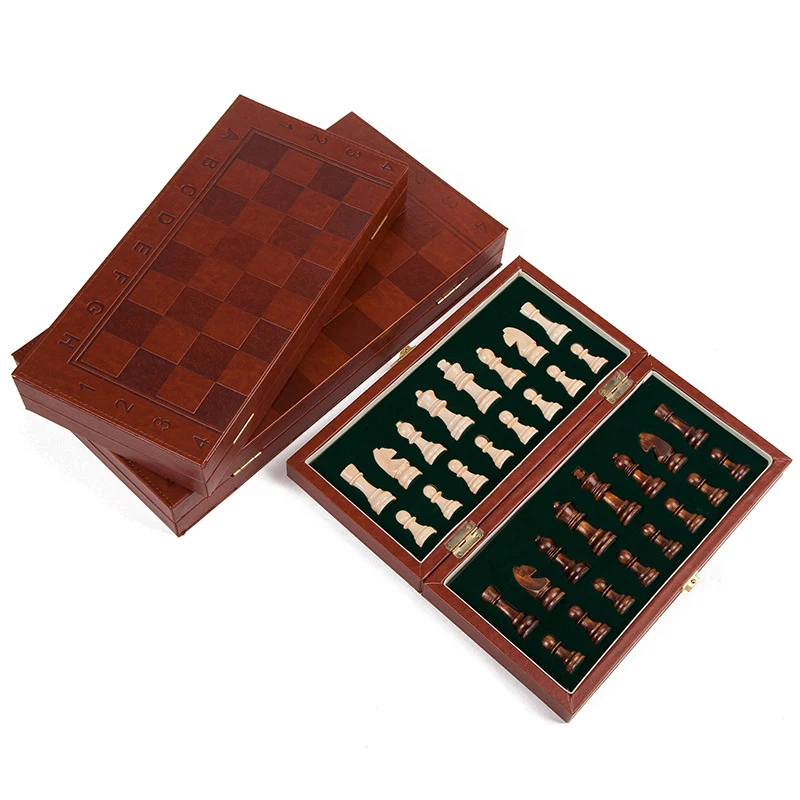 Conjunto de Peças de Xadrez de Madeira Tabuleiro de Xadrez de Madeira Jogo de Tabuleiro de Mesa Quality Folding Chess & Damas Sólida Montada Couro Sintético Top 2in1