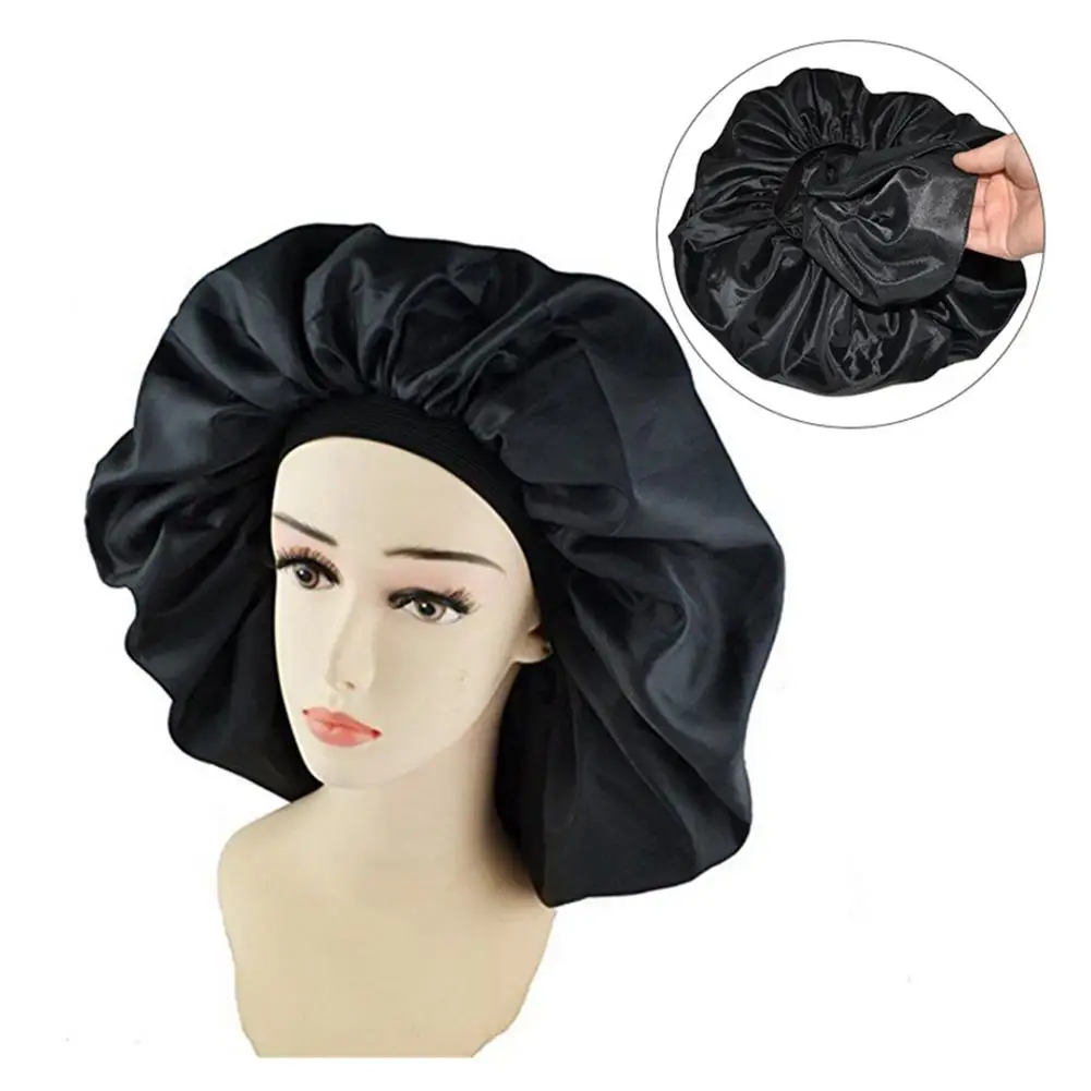 

Black Large Double Layer Rubber Band Nightcap Sleep Cap Waterproof Shower Cap Women Hair Treatment Protect Hair From Frizzing