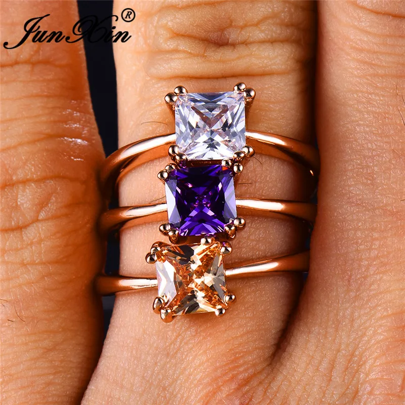 JUNXIN Rainbow Fire Birthstone Square Thin Rings For Women Rose Gold Filled Purple White Champagne Zircon Wedding Ring Female CZ