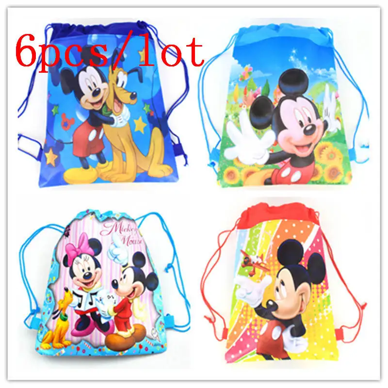 

High Quality 6Pcs Cartoo Mickey Mouse Theme Drawstring Bag Mochila Gift Bag String Bag Non-woven Fabrics School Bag Supply
