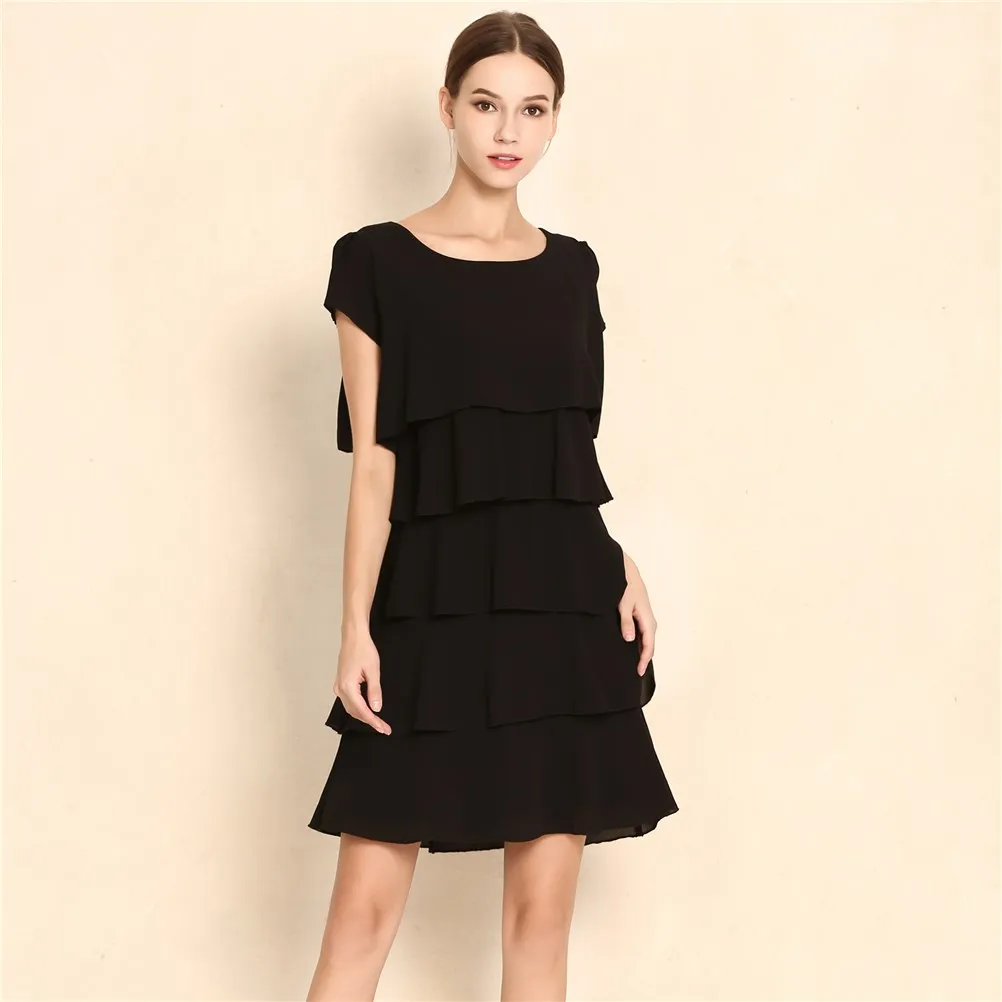 

Summer Elegant Chiffon Dress Casual Women Cascading Ruffle Robe Short Sleeves Cake Dresses Plus Size S-5XL