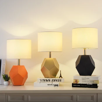 

Geometric Diamond Polygon Table Lamp For Living Room Bedroom Light Macaron Metal Desk Lamp Fabric E27 Home Lighting abajour