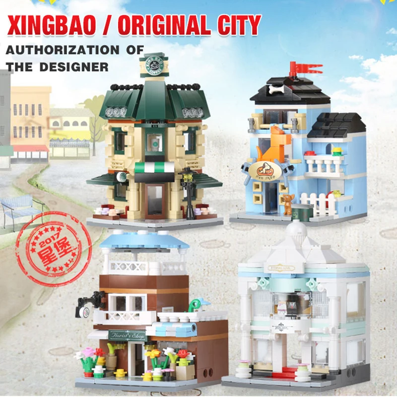 

Xingbao Creator Mini Streetview 4 in 1 the Coffee Shop Wedding Store Flower Shop Pet Shop Set City Building Blocks Children Gift
