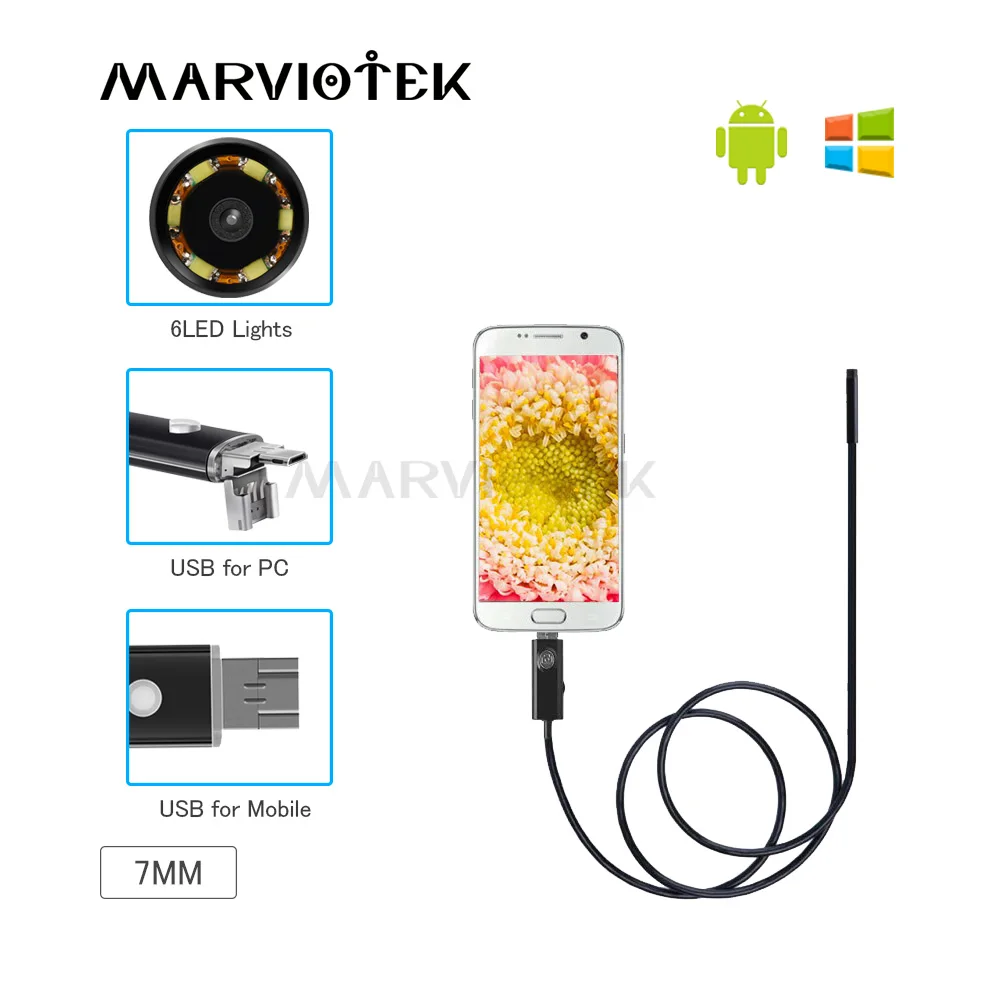 7 мм эндоскоп Android USB Камера HD адаптер длиной 1 м/2 м/5 м/10 м змея кабель бороскопов
