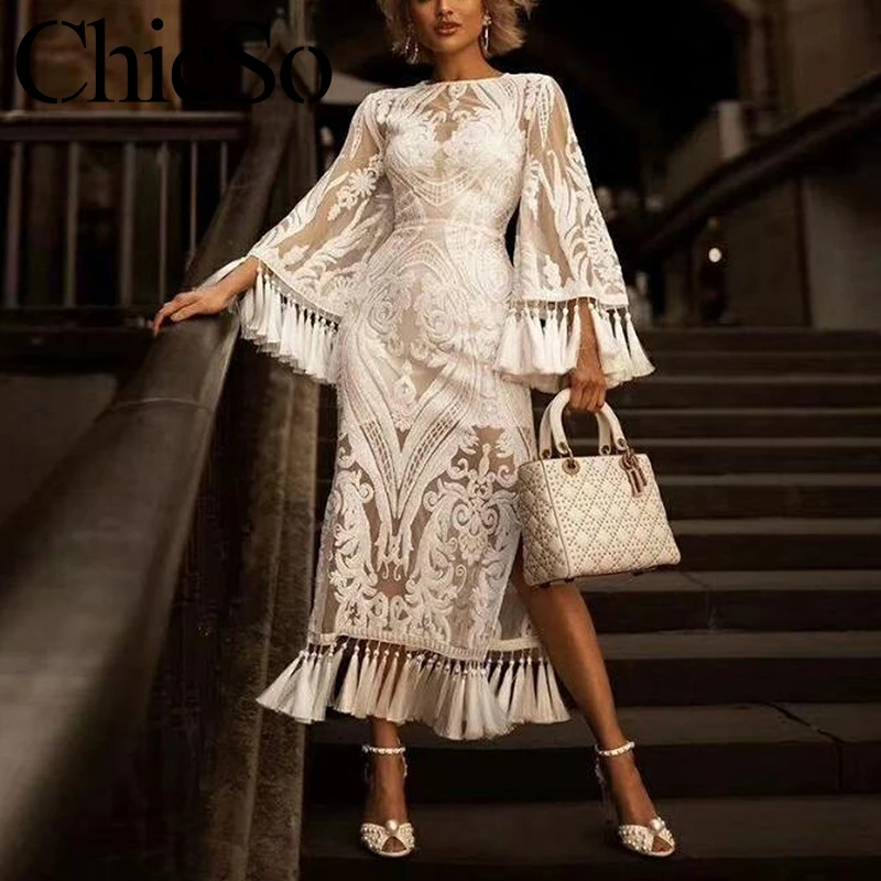 

MissyChilli Vintage mesh embroidery tassel white dress Women elegant bodycon midi dress Autumn long sleeve sexy party dressfesta