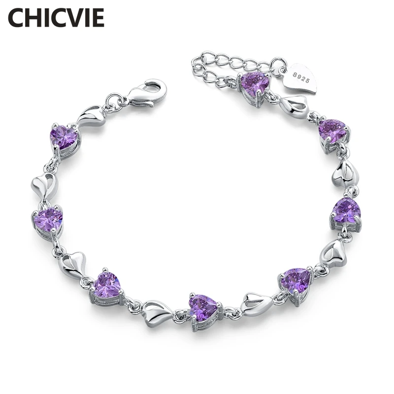 Браслеты и обручи женские CHICVIE S925 с фиолетовыми кристаллами в форме сердца