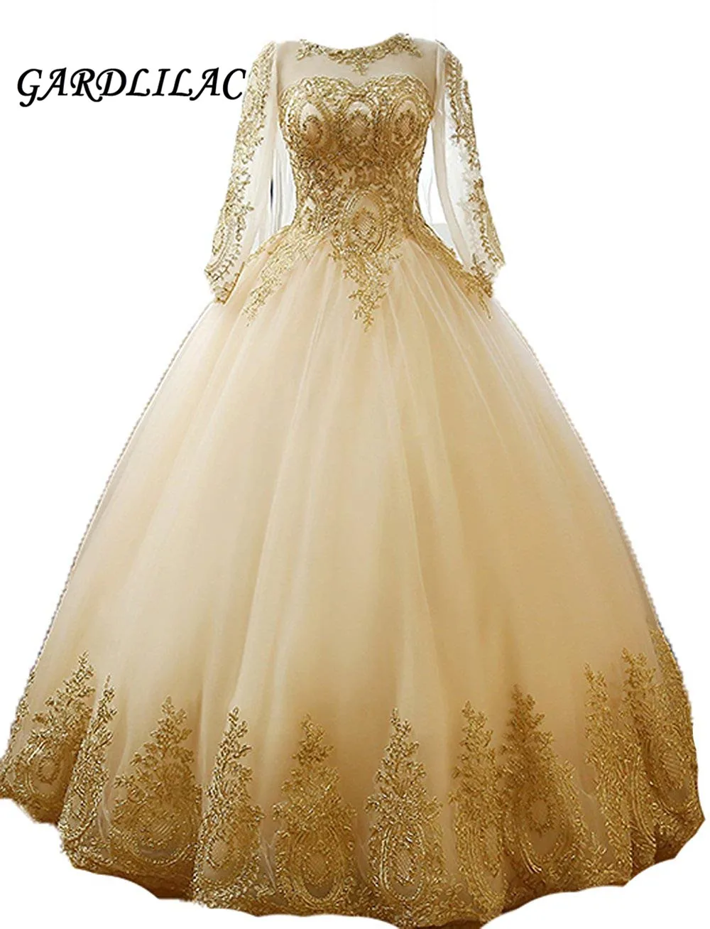 

Ball Gown Quinceanera dresses Tulle Gold Lace Appliques Long Sleeve Long Prom Formal Gowns G0133