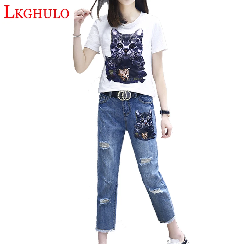 

Two Piece Set Women Sequined Cat Pattern Tshirt Ripped Denim Pants Flowers Jeans Woman Suit Cotton Tees+Cropped Trousers A531