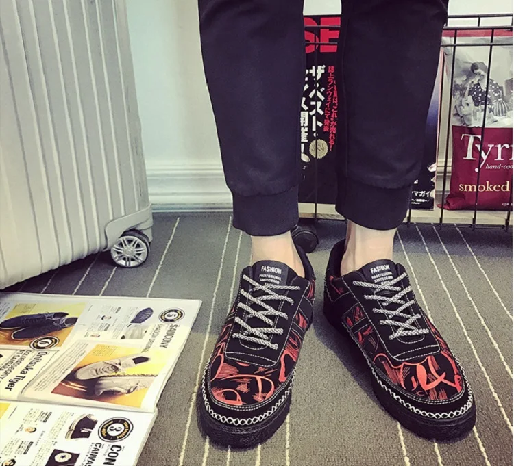 Spring Autumn Man Casual Shoes Canvas Breathable Lace Up Fashion Graffiti Hard-Wearing Korean Walking Flat Shoes Man Sewing (2)