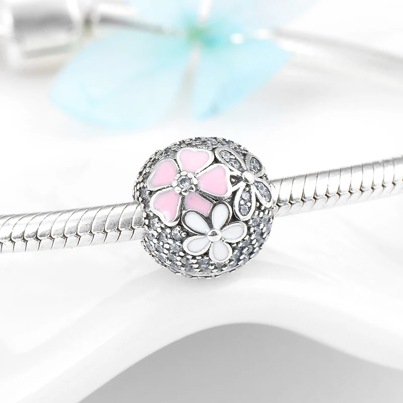 Подлинная 925 пробы Серебряная пробка цветы цветет розовый эмаль клип Бусины Подходят Pandora Шарм браслет DIY ювелирные изделия подарок